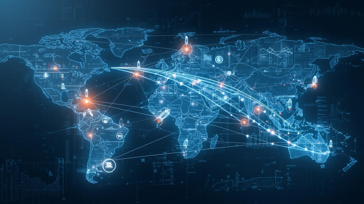 Un mapa de Europa conectado con lu00edneas digitales hacia Amu00e9rica Latina, mostrando iconos de billetes, cohetes (startups) y un puente que simboliza el acceso a financiamiento transatlu00e1ntico.