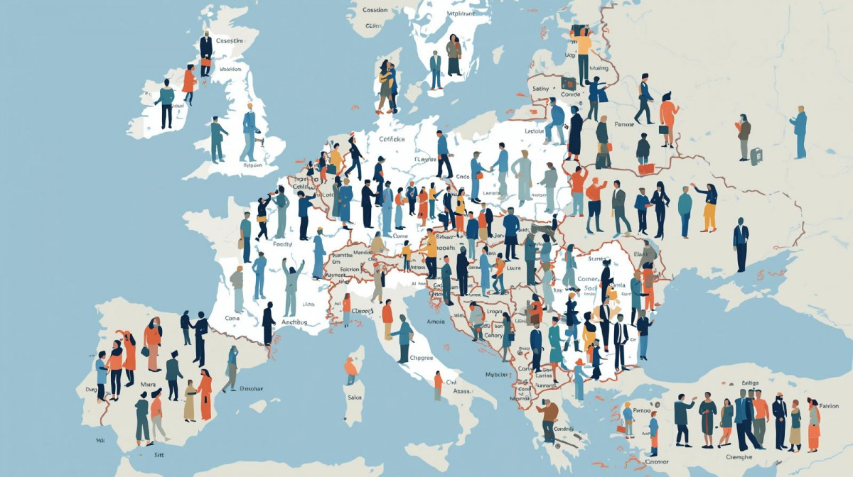 Un mapa de Europa con siluetas vacu00edas de trabajadores (mu00e9dicos, obreros, programadores, cuidadores) que se completan con figuras humanas que llegan desde Amu00e9rica Latina,