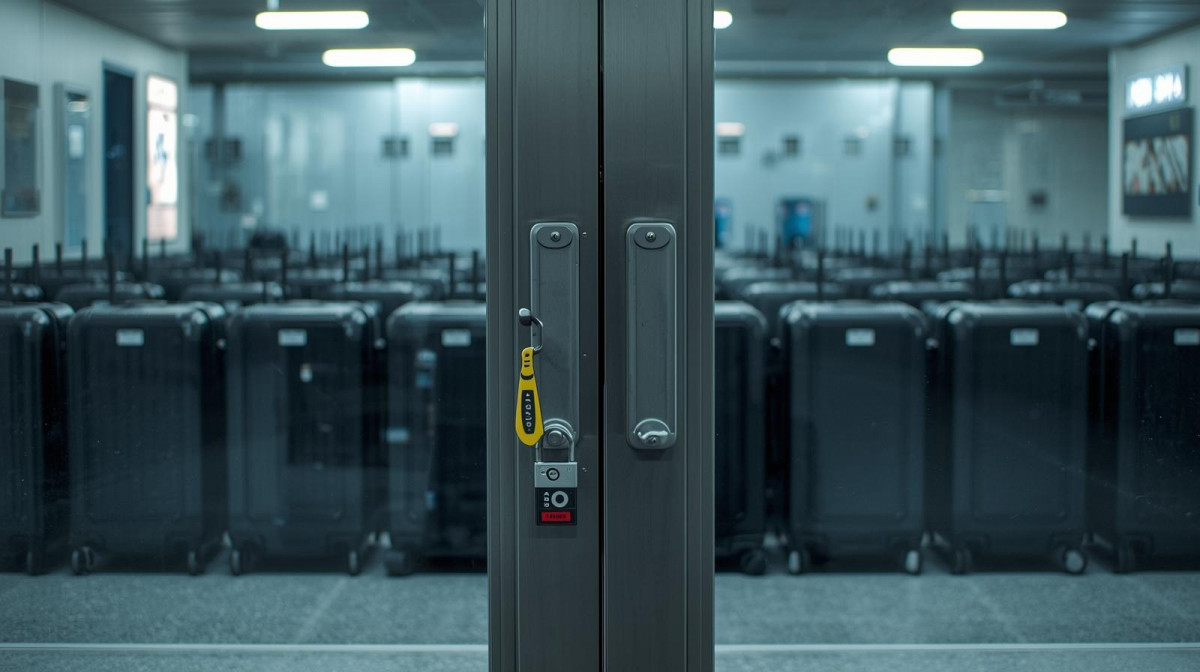 Una puerta de aeropuerto europea cerrada con candado, mientras al otro lado se ven filas de maletas con etiquetas de pau00edses latinoamericanos,