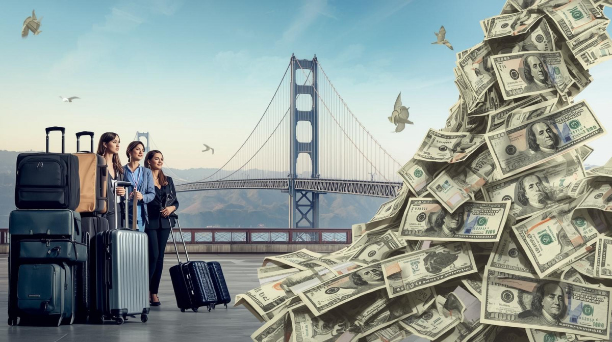 Un puente colgante entre dos continentes donde en un extremo hay maletas y personas, y en el otro extremo billetes