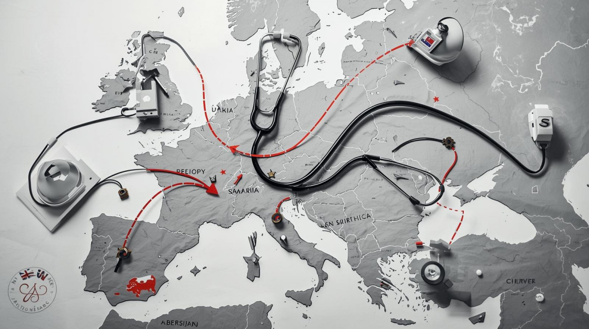 Un mapa de Europa con iconos de profesiones (estetoscopios, laptops, cascos de ingenieros) que se conectan con flechas desde distintos pau00edses latinoamericanos.