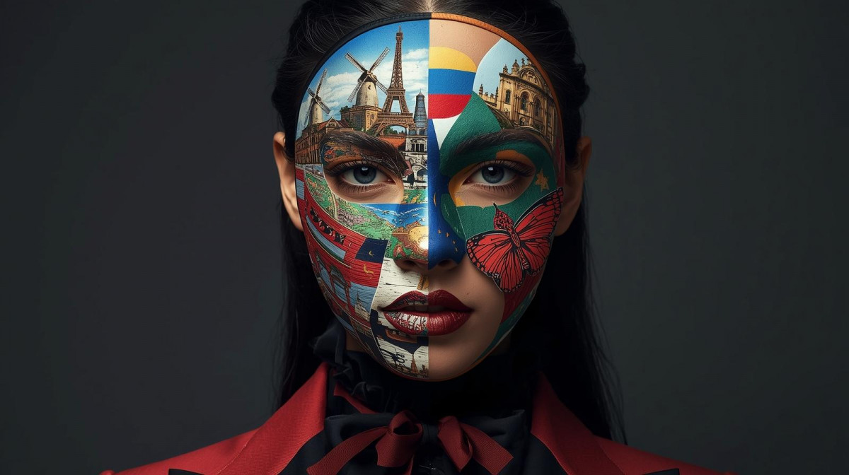 Una mu00e1scara de un. Rostro partida en dos mitades  una con su00edmbolos europeos (torre Eiffel, molinos holandeses, bandera de la UE) y otra con su00edmbolos latinoamericanos (arepas, bandera andina).