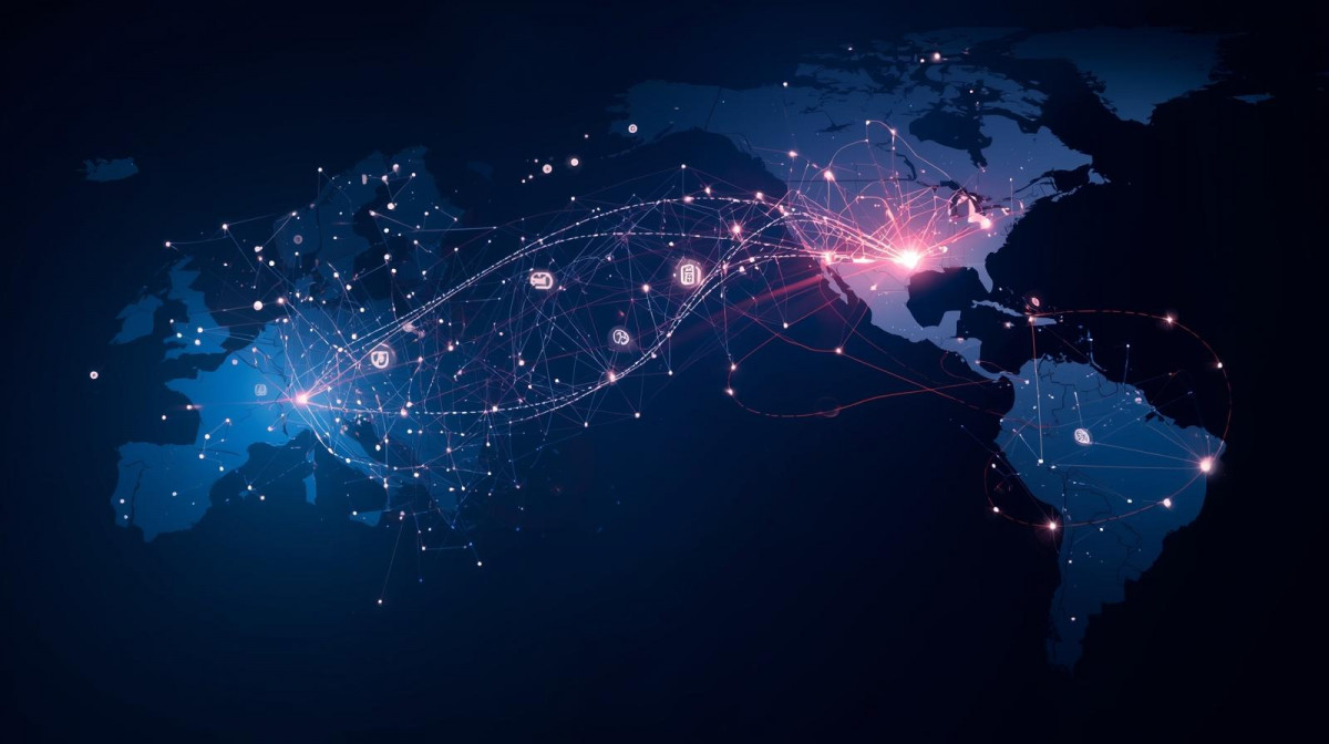 Un mapa de Europa y Amu00e9rica Latina conectados por un haz de luz digital en forma de red, con u00edconos de startups y capital flotando entre ambos continentes.