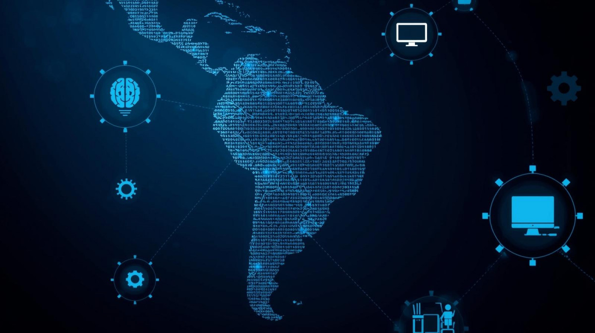Un montaje visual que combine un mapa de Amu00e9rica Latina con u00edconos digitales de inteligencia artificial