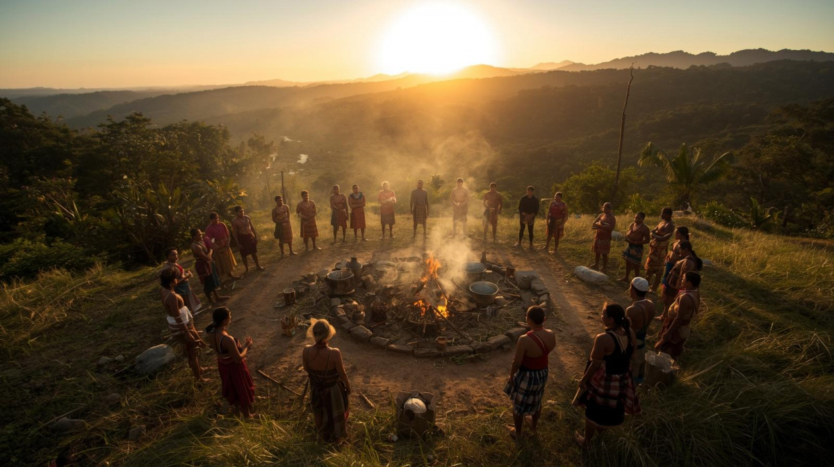 Una fotografu00eda panoru00e1mica de una comunidad indu00edgena latinoamericana reunida en cu00edrculo alrededor de un fuego ceremonial, en medio de un paisaje natural (selva, montau00f1a o altiplano), bajo una luz dorada de amanecer.