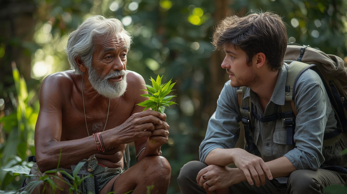 Una fotografu00eda simbu00f3lica de un anciano indu00edgena amazu00f3nico sosteniendo una planta mientras conversa con un joven cientu00edfico europeo en un entorno natural
