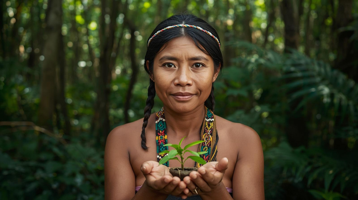 Un retrato panoru00e1mico de una mujer indu00edgena latinoamericana sosteniendo una planta o semilla, con fondo dividido entre la selva amazu00f3nica