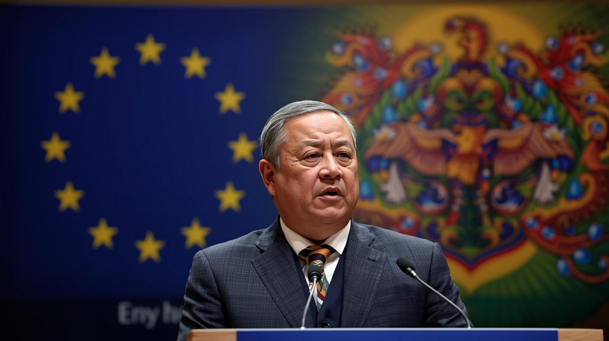 Un lu00edder o lideresa indu00edgena hablando ante el Parlamento Europeo, con la bandera de la Uniu00f3n Europea y su00edmbolos amazu00f3nicos detru00e1s, r