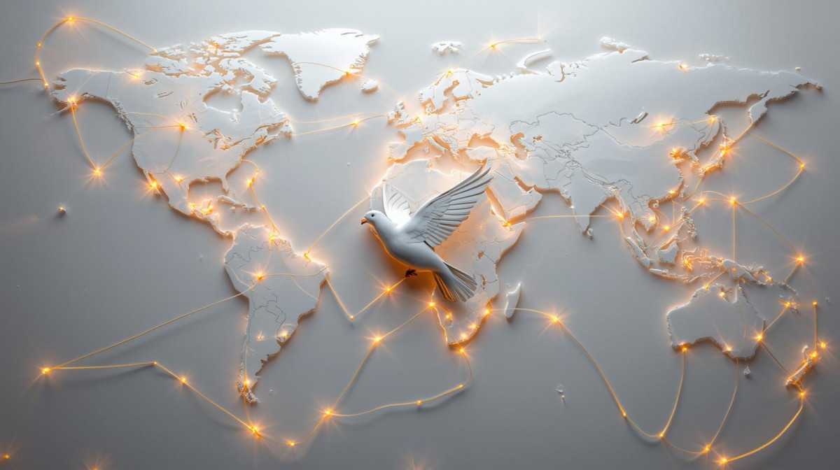 Una composiciu00f3n visual con un mapa del mundo centrado en Amu00e9rica Latina, donde lu00edneas doradas conectan la regiu00f3n con Medio Oriente y Europa. En el centro, una paloma blanca o un su00edmbolo diplomu00e1tico que evoque paz y diu00e1logo internacional.