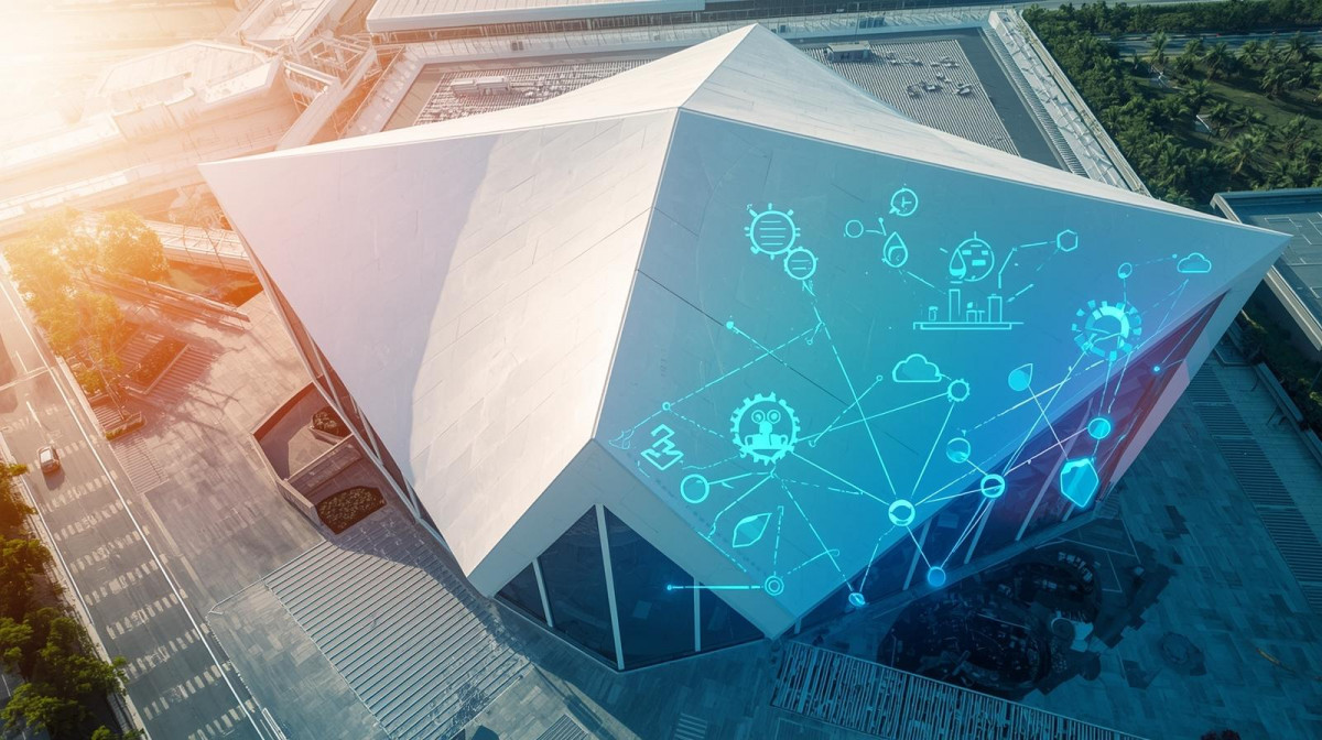 Una fotografu00eda au00e9rea de un centro de convenciones latinoamericano, con overlay gru00e1fico de iconos de tecnologu00eda, sostenibilidad y networking