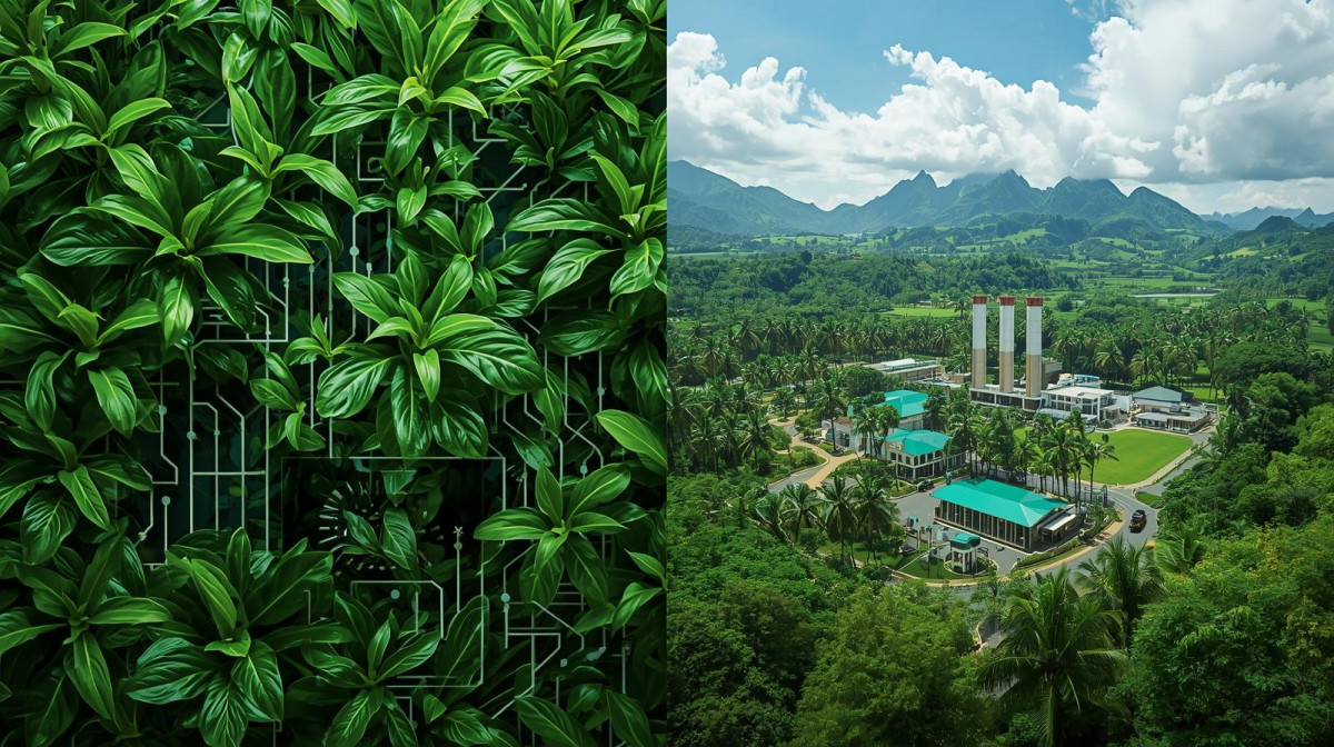 Plantas verdes sobre circuitos electru00f3nicos o fu00e1bricas ecoeficientes con paisajes tropicales.