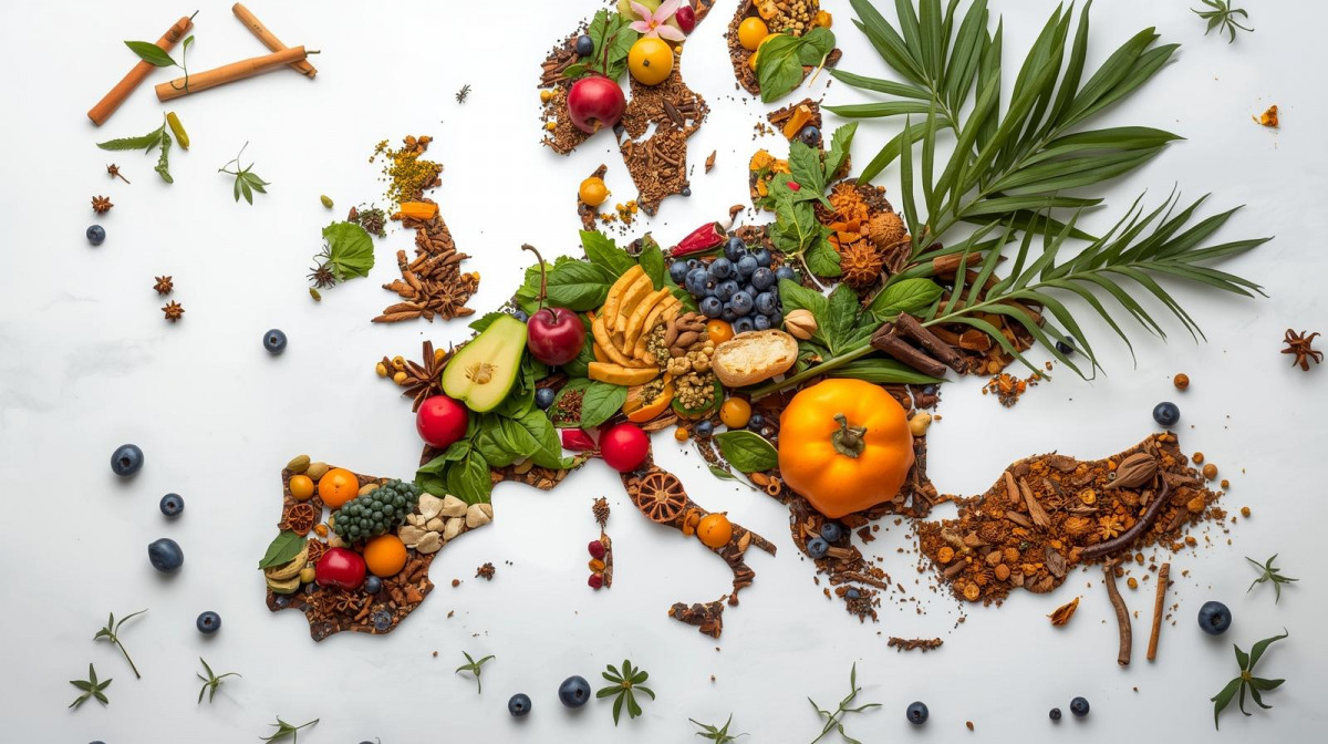 Ilustraciu00f3n de productos naturales latinoamericanos formando la silueta del continente europeo.