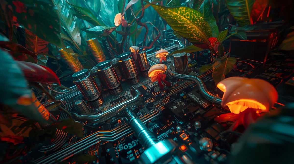 Ilustraciu00f3n de plantas amazu00f3nicas conectadas a un circuito tecnolu00f3gico europeo. Instalacion es fu00edsicas