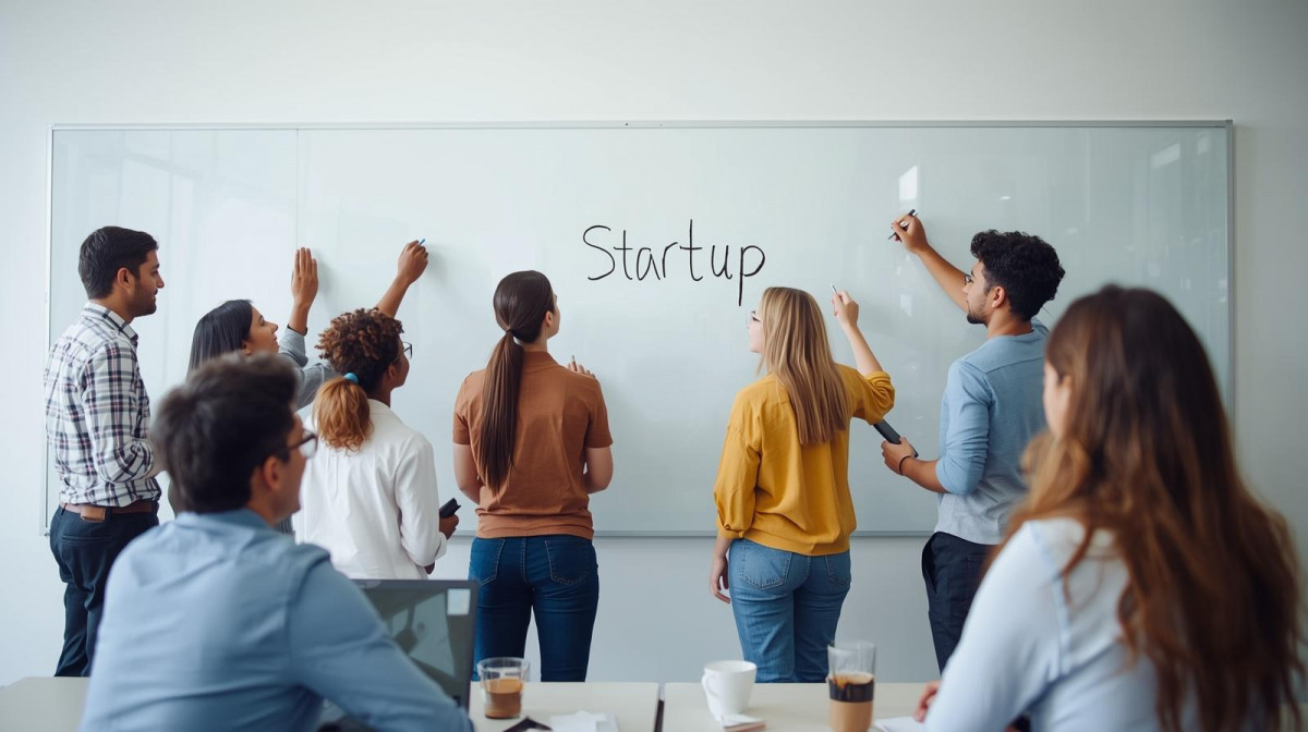 En un salon de clase de universidad alumnos y en el tablero que diga la palabra startup